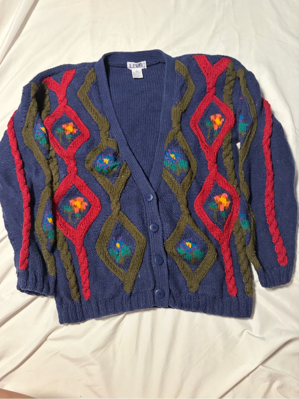 Vintage J L Plum 80s Women's Medium 3D Cardigan Sweater Sz M